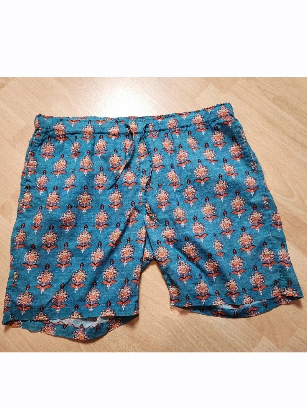 Sundance 100% Cotton Lightweight Pull On Drawstring Shorts Blue Pattern Large
